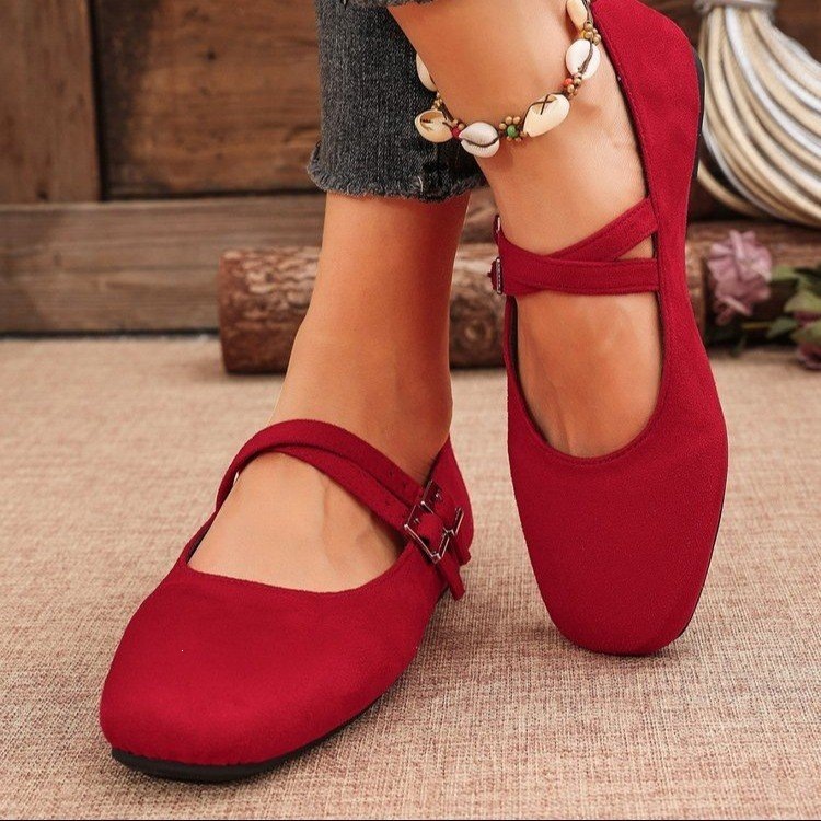 European and American style double buckle Mary Jane women's shoes, matte suede red flat ballet shoes, casual low-cut women's shoes for commuting