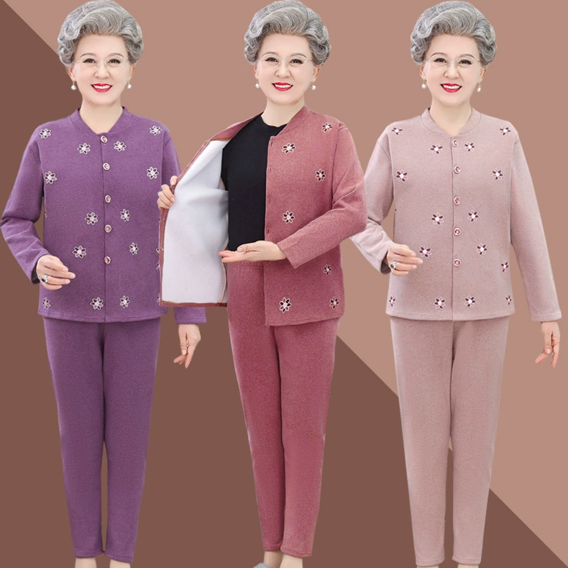 Зимнее термобелье для мамы, женский кардиган, топ для людей среднего и пожилого возраста, утолщенная флисовая подкладка, осенняя одежда для бабушки и брючный костюм
