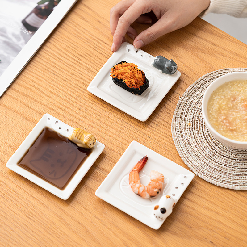 Japanese Cute Stereo Lying Cat Soy Sauce Dish Chopstick Holder Dual-Purpose Dipping Dish Creative Ceramic Seasoning Dish Chopstick Holder