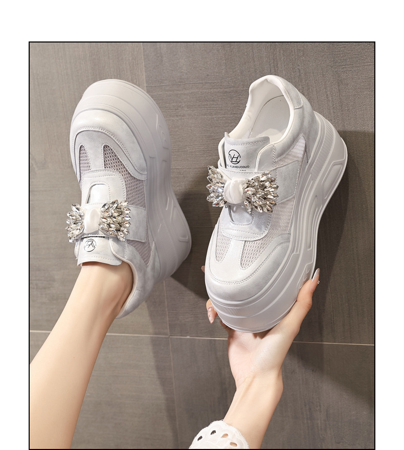 Giày sneaker nữ đế dày tăng chiều cao, mặt lưới thoáng khí, đính đá rhinestone — màu trắng chi tiết 14