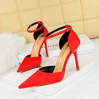 5198-1 Style Fashion Simple Super High Heel Fine Heel Satin Shallow Mouth Pointed Head Hollow Hollow Cut Out Slim Sandals