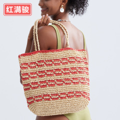 2024新款手工編織包女小眾撞色手提包田園風沙灘度假草編包