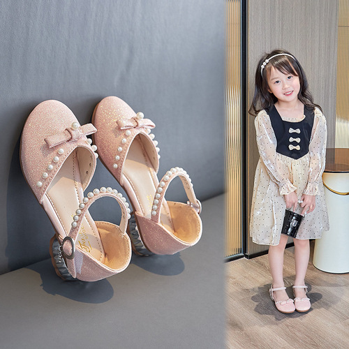 Girls Princess Sandals 2024 Summer New Children's Leather Shoes Medium and Big Children High Heel Princess Shoes Soft Sole Non-Slip Bow