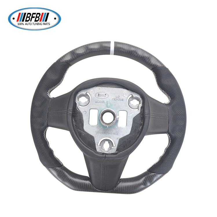 100% Real Carbon Fiber Matte Black Steering Wheel with White Stitching and Perforations - For Tesla Model 3 Y - Modification
