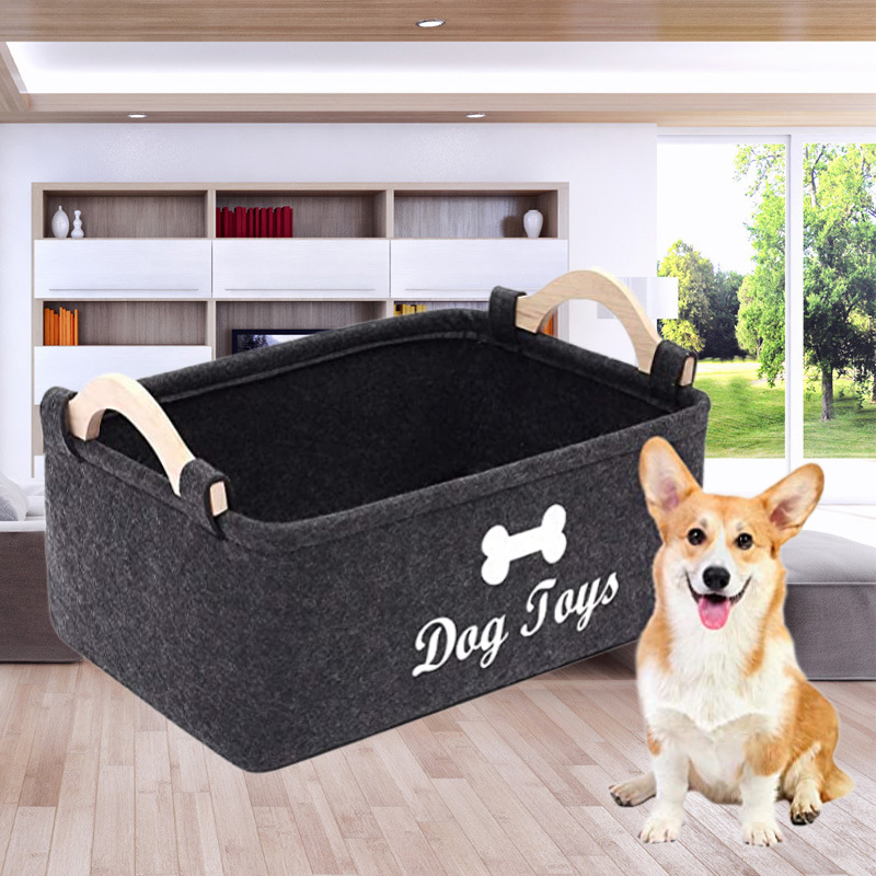 Caja de juguetes para mascotas de fieltro Caja de juguetes para perros Cesta de almacenamiento Bolsa de almacenamiento Mango de madera Caja de fieltro de juguete para mascotas