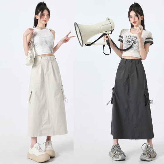 American Split Tooling Skirt Women's Spring and Summer 2025 New High Waist Slimming Mid-length Trendy Rag A- line Skirt