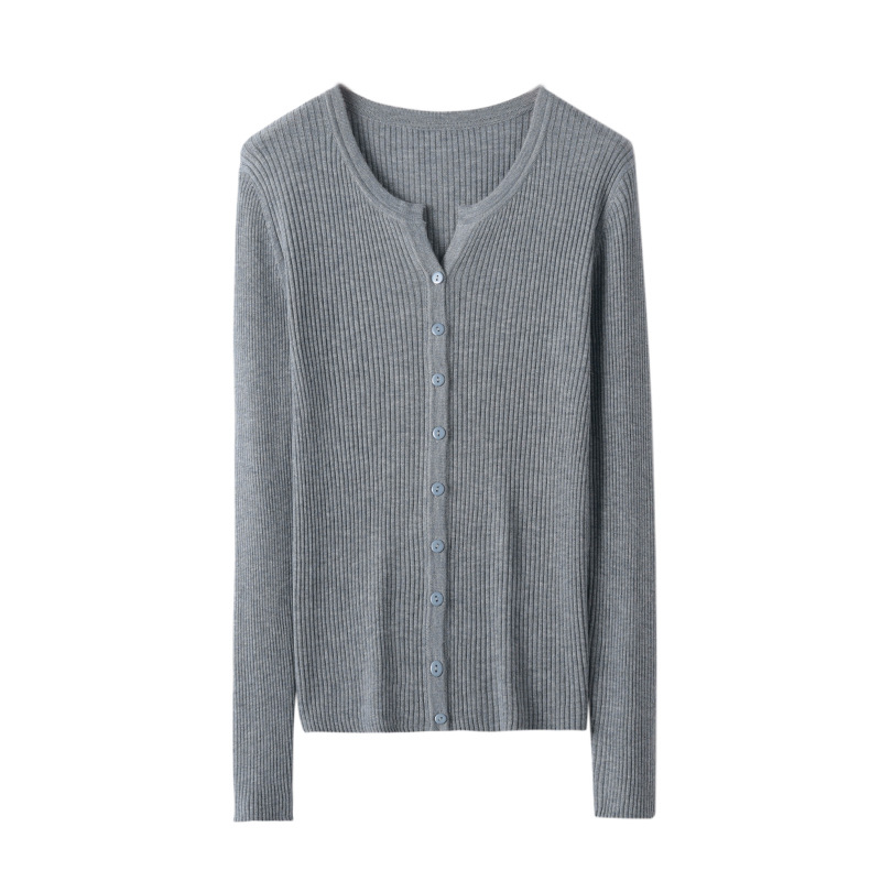 Woolen solid fashionable cardigan with a round collar