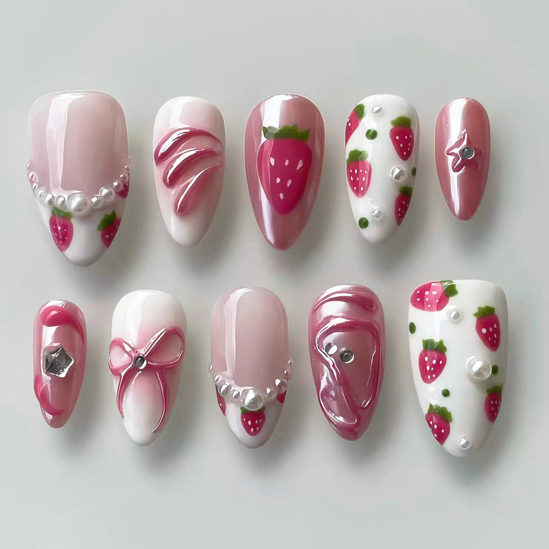 Gilded Strawberry Bow French Style Wearable Nails, Ultra-Short Almond Shape, Popular on European and American Instagram, Girl's Nail Stickers