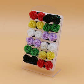 12对带卡片树脂花玫瑰花菊花铁针塑料耳针耳钉套装花朵清新甜美