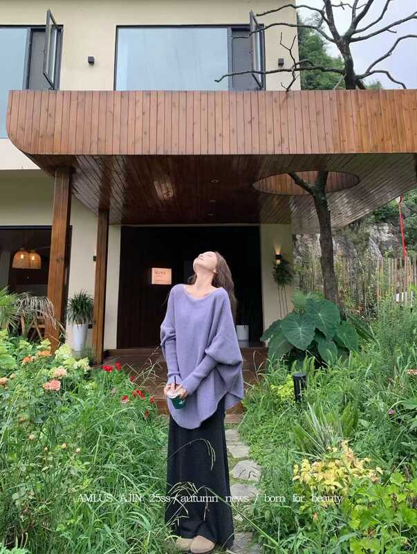 温柔风韩版蝙蝠袖针织毛衣女2025秋冬新款一字领慵懒不规则上衣潮|undefined