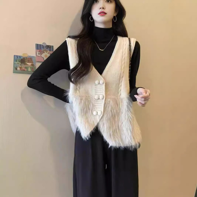 Elegant Little Chanel Style Collar Knitted Vest Jacket for Women, Double-Breasted Furry Patchwork Outerwear Vest Top for Women