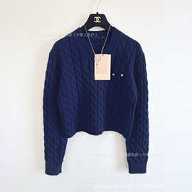 乌77老钱风小狗刺绣v领毛衣女美式复古绞花外穿内搭显瘦针织衫春