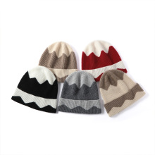 山羊绒保暖针织帽加绒加厚几何拼色女款毛线帽时尚简约户外套头帽