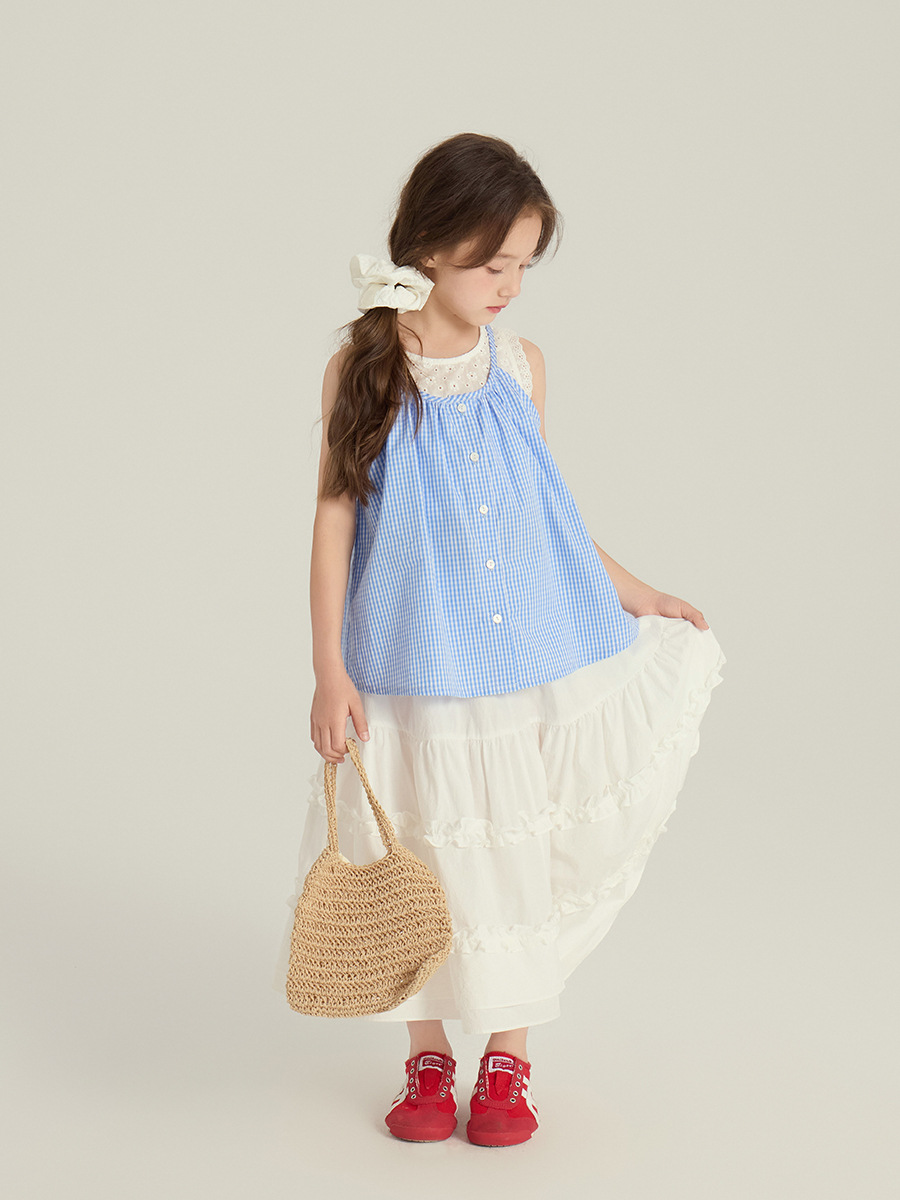 Emo Beibei Children's Wear Girl's Fresh Blue and White Plaid Doll Shirt Children's Fake Two-piece Camisole Top Summer