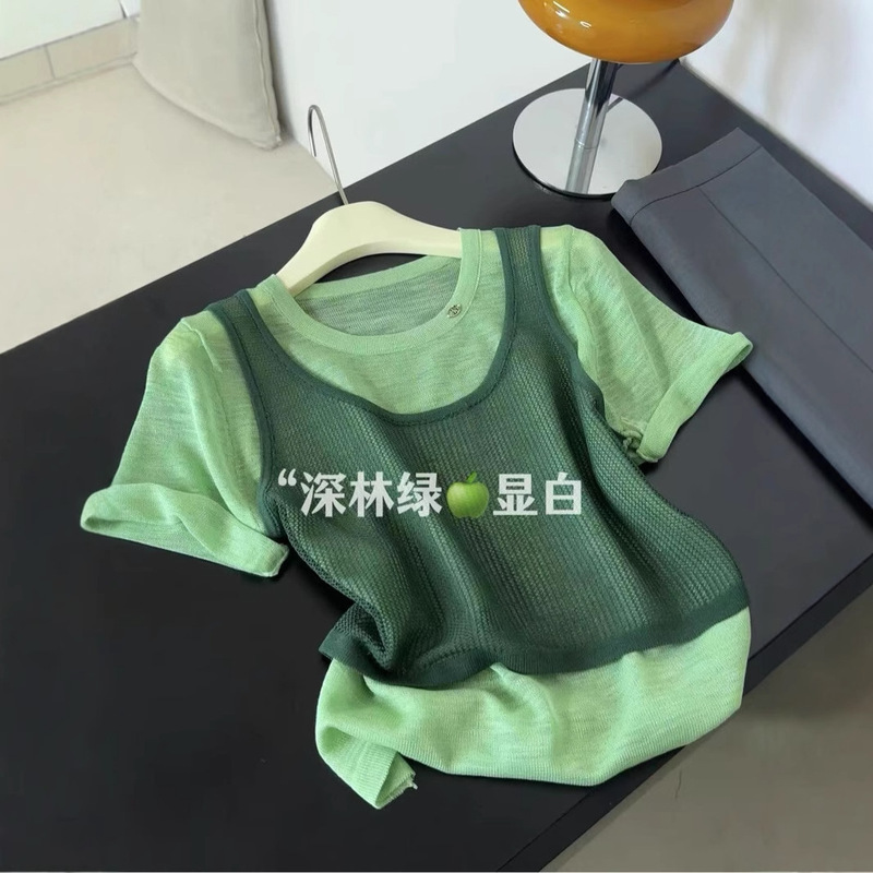 Original Design! Korean-Style Unique Patchwork Faux Two-Piece Short-Sleeve Knit Top for Women, New Summer Slim-Fit Color-Blocked Top