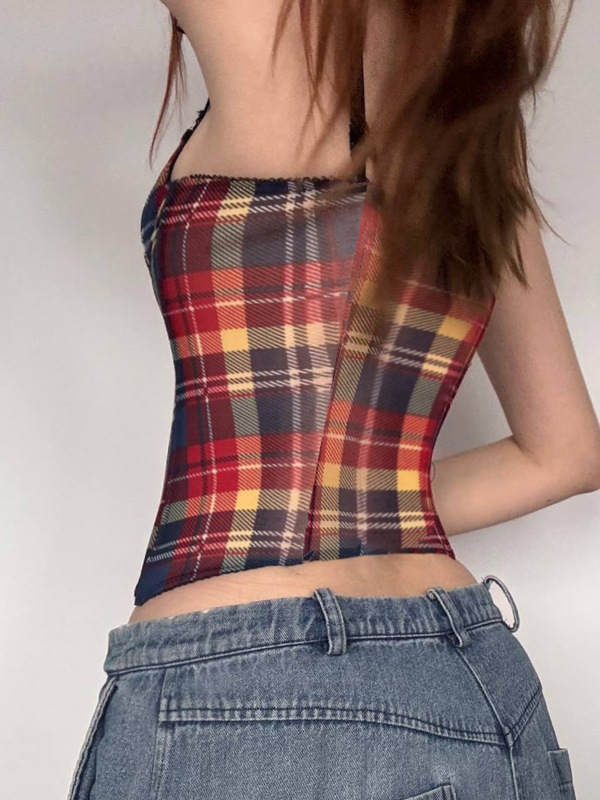 少女甜美多巴胺格纹吊带背心女外穿欧美ins风花边内搭上衣打底衫|undefined