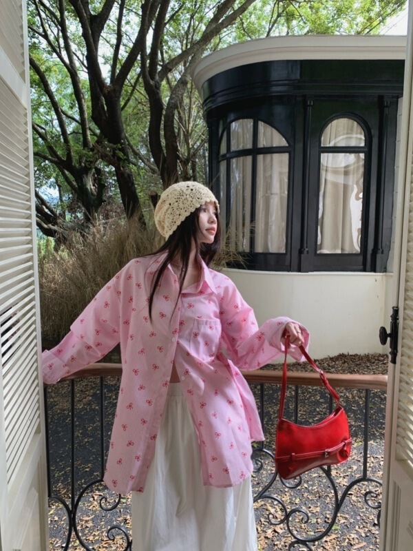休闲蝴蝶结印花蓝色条纹衬衫女装秋季韩系衬衣休闲宽松中长款外套|undefined