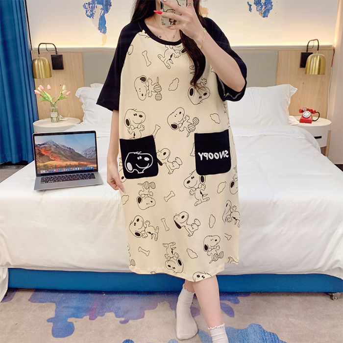 2024 verano ocio de dibujos animados pijama de mangas cortas de mujer bolsillo suelto ropa de casa 6535 fábrica de pijamas de algodón venta directa