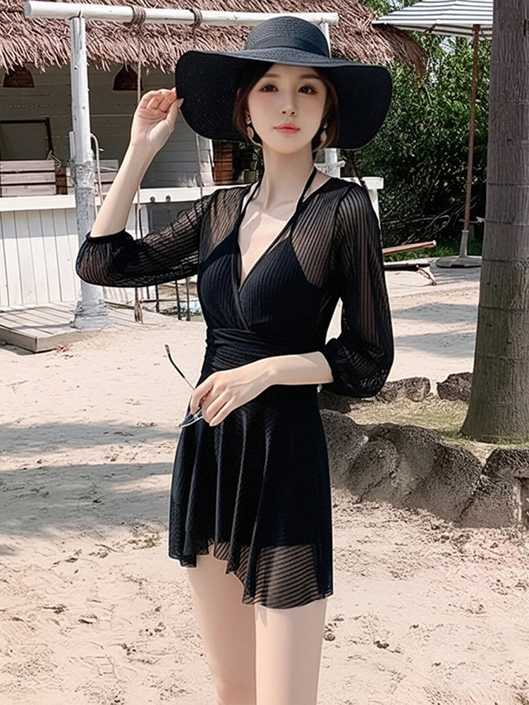 Traje de baño para mujer 2025 verano Internet celebridad nuevo estilo de falda de una sola pieza que cubre la carne y adelgaza con encaje de manga larga traje de baño de vacaciones push-up de pecho pequeño