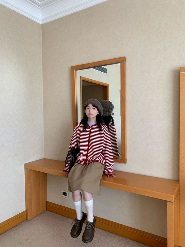 红白条纹连帽双拉链针织衫开衫女韩系复古宽松减龄毛衣外套上衣女|undefined