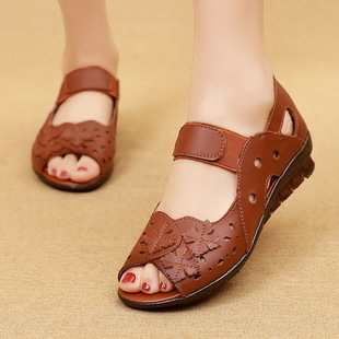 Summer Genuine Leather Women's Sandals Cowhide Flat Middle-aged Shoes Large Size Flat Heel Mama Shoes Peep-toe Hollow Soft-soled Women's Shoes
