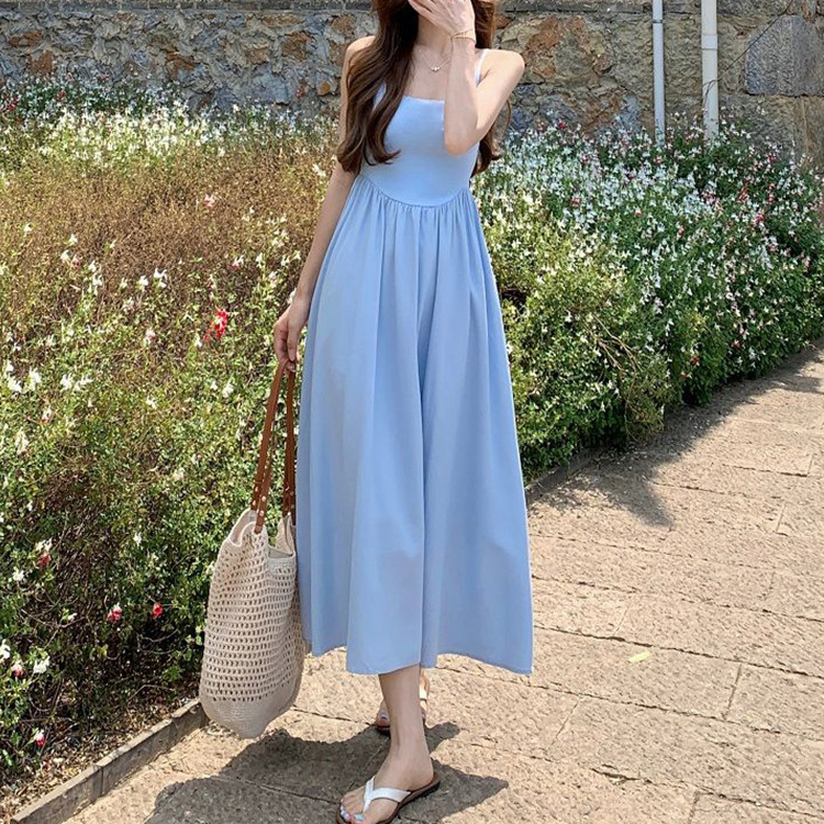 Seaside Holiday Blue Sling dress Women's Summer French Style Gentle Design Waisted Slim-fit Beach Long Dress