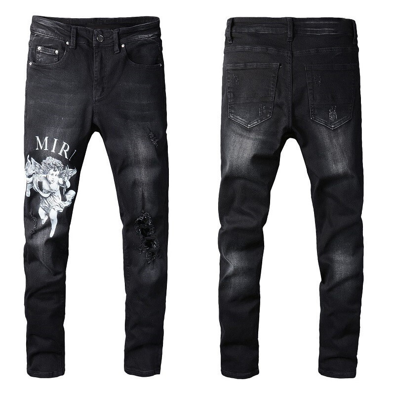 Am American Street Letter Angel Pattern Digital Printed Denim Micro-Elastic Cotton Black Men's All-Label Jeans 817