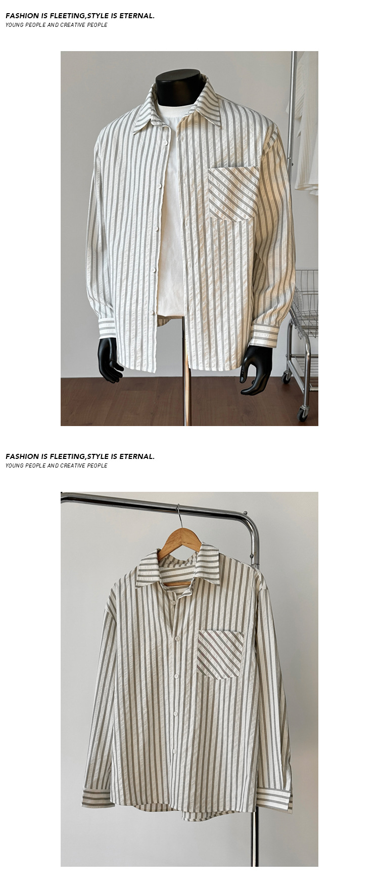 Camicia americana retro a righe grigie e bianche da uomo_voghion.com