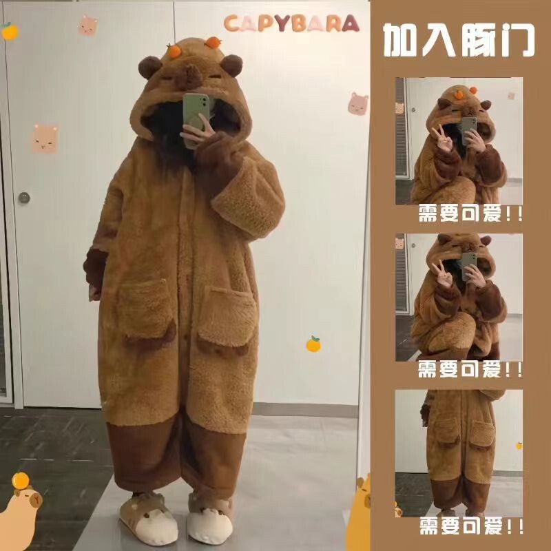 インターネット有名人の漫画カピバラロングパジャマセット暖かいコーラルベルベットパジャマ学生冬のホーム服|undefined
