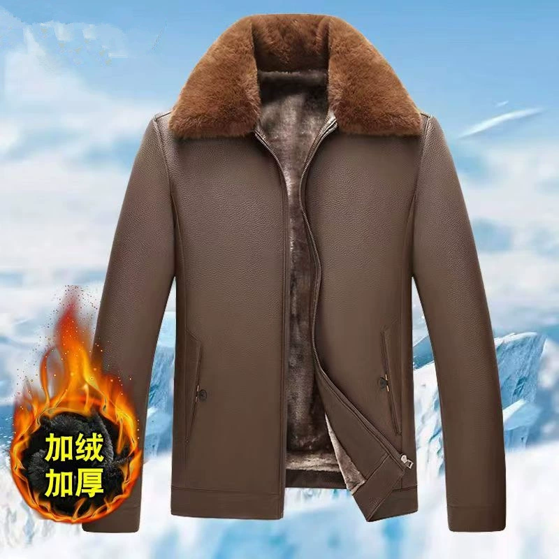 Новая мужская куртка из кожи и меха для мужчин среднего и пожилого возраста, мужская куртка из искусственной кожи для папы, на флисовой подкладке и утолщенная, зима 2024 г.