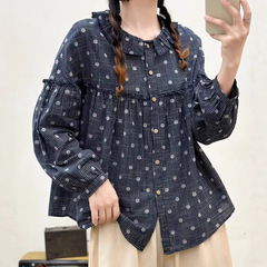 秋季女装新款森女系圆领减龄花边圆领棉质宽松长袖衬衫女衬衣