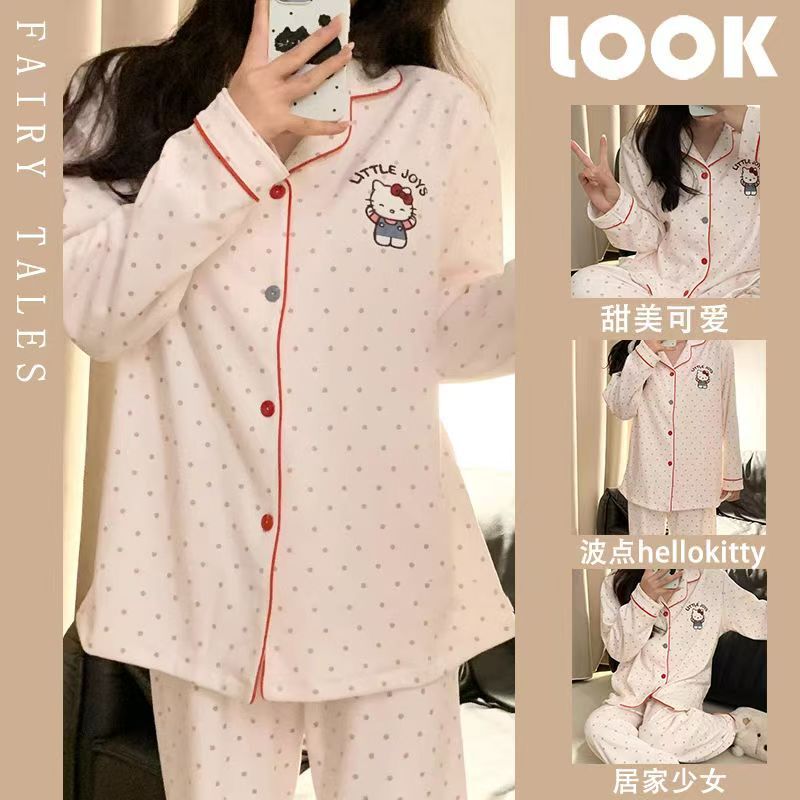 波点Kitty猫睡衣女秋冬季保暖德绒长袖长裤两件套学生宿舍家居服|undefined