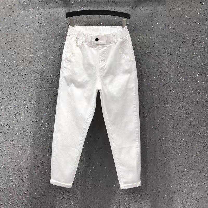 Spring and Summer New Style White Denim Casual Harem Pants for Women, Plus Size, Loose Fit, Slimming, Elastic Waist, High Waist, Cropped Pants