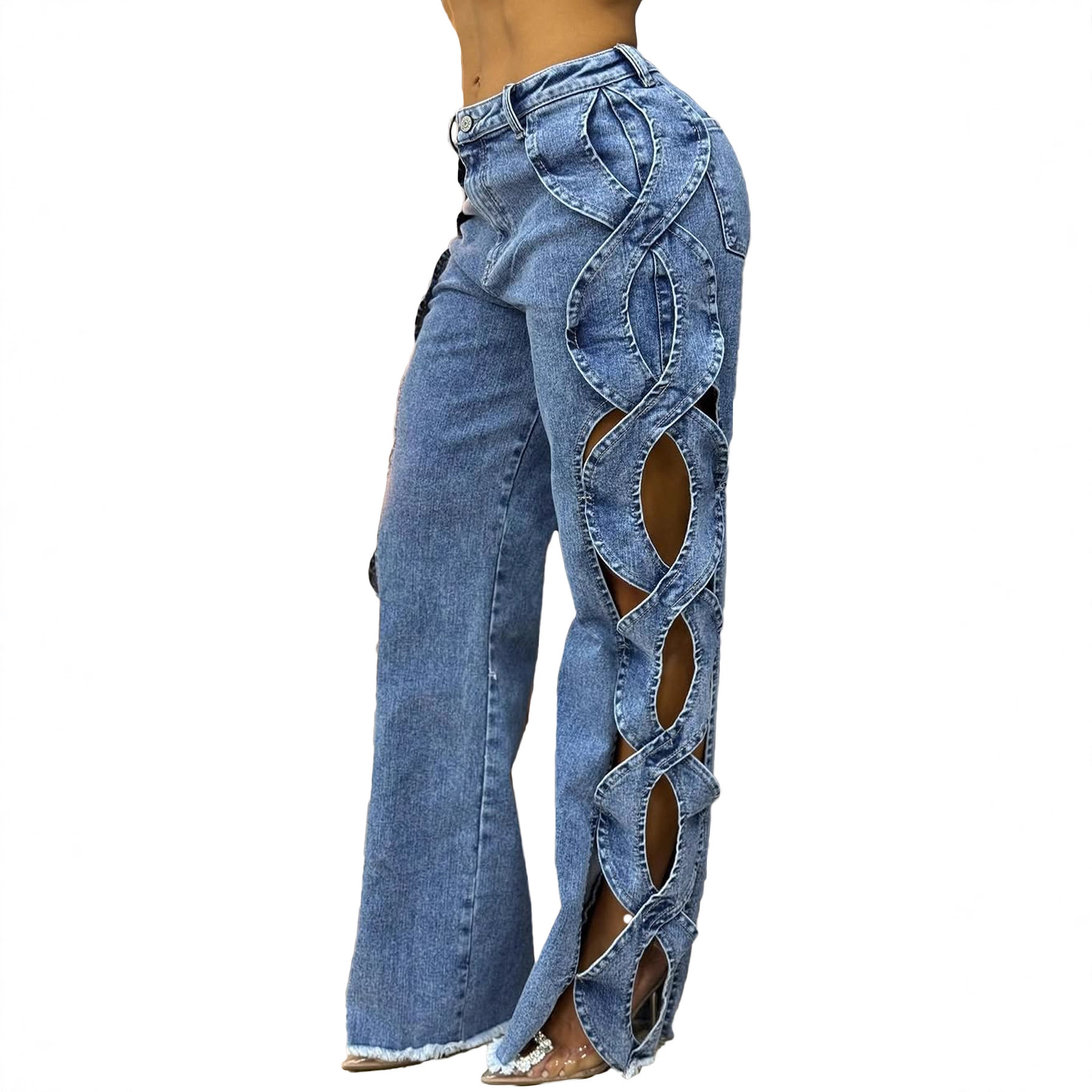 Women's Side Cutout S-Line Denim Pants – Edgy Patchwork Jeans With Distressed Details (Blue/Black-Gray, S-2XL)_mkmklike.com
