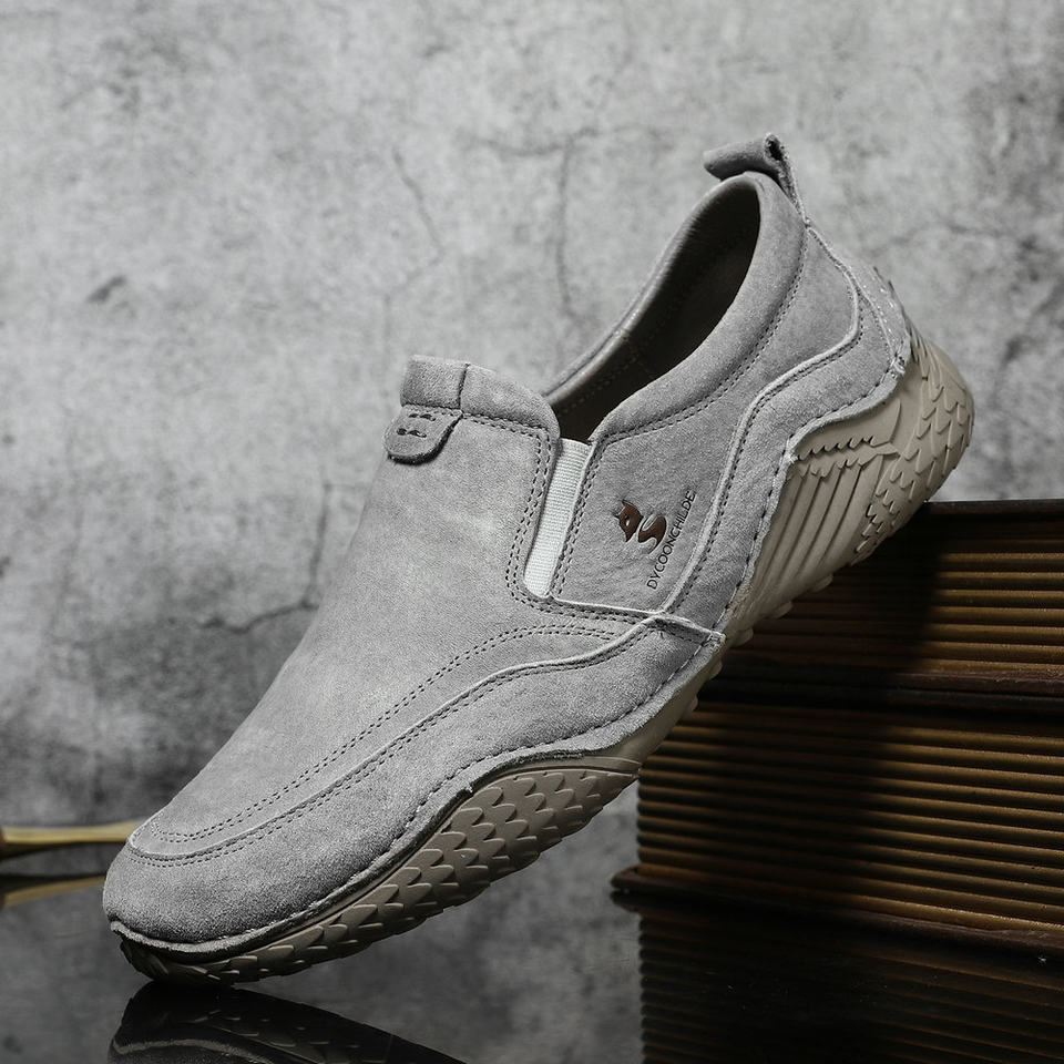 Giày nam cổ thấp kiểu Martin da thật size lớn, đế bằng, dây thun — D2085 màu kaki, D2085 màu xám