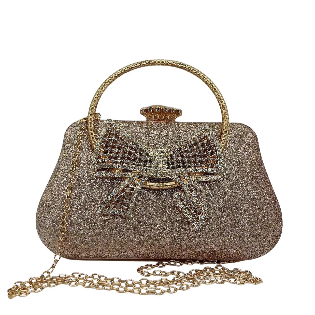 Túi clutch nữ dự tiệc da đơn giản tay cầm nơ — Màu đen, Màu bạc, Màu vàng nhạt, Màu Sâm panh chi tiết 4