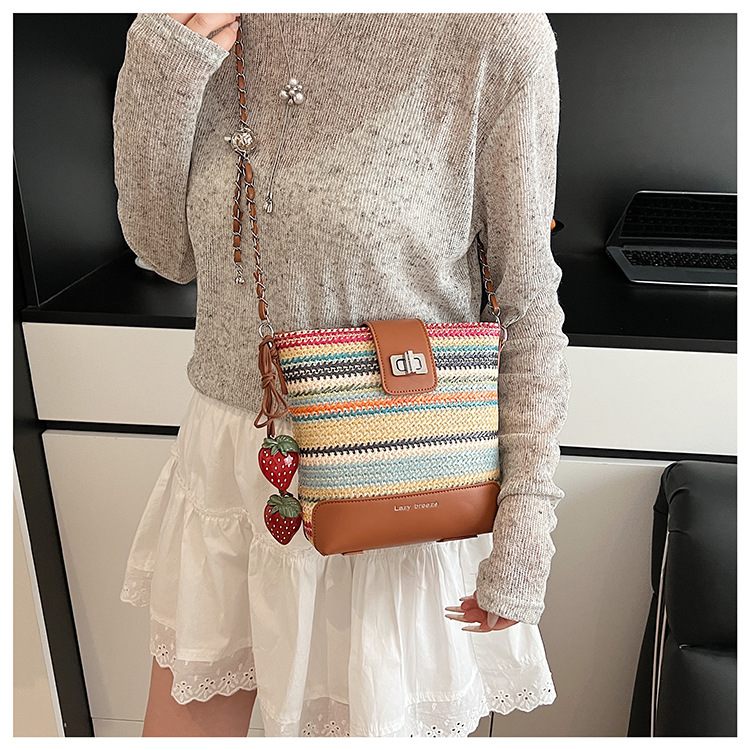 Seaside vacation beach rainbow woven bag for women 2025 Summer New style fashionable, simple, casual and high-quality single-shoulder bucket bag undefined