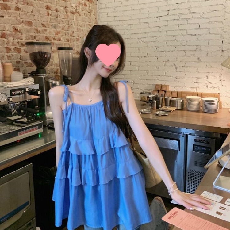 2025 Summer New Blue Fresh Style Lace-up Camisole Women's Korean Style Design Sense Loose Ruffled Top