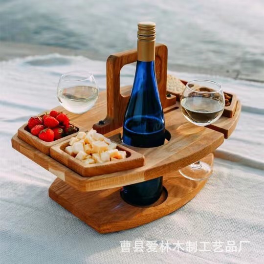 木质手提酒架便携式酒杯架户外可拆卸野餐木桌果盘一体桌多层托盘