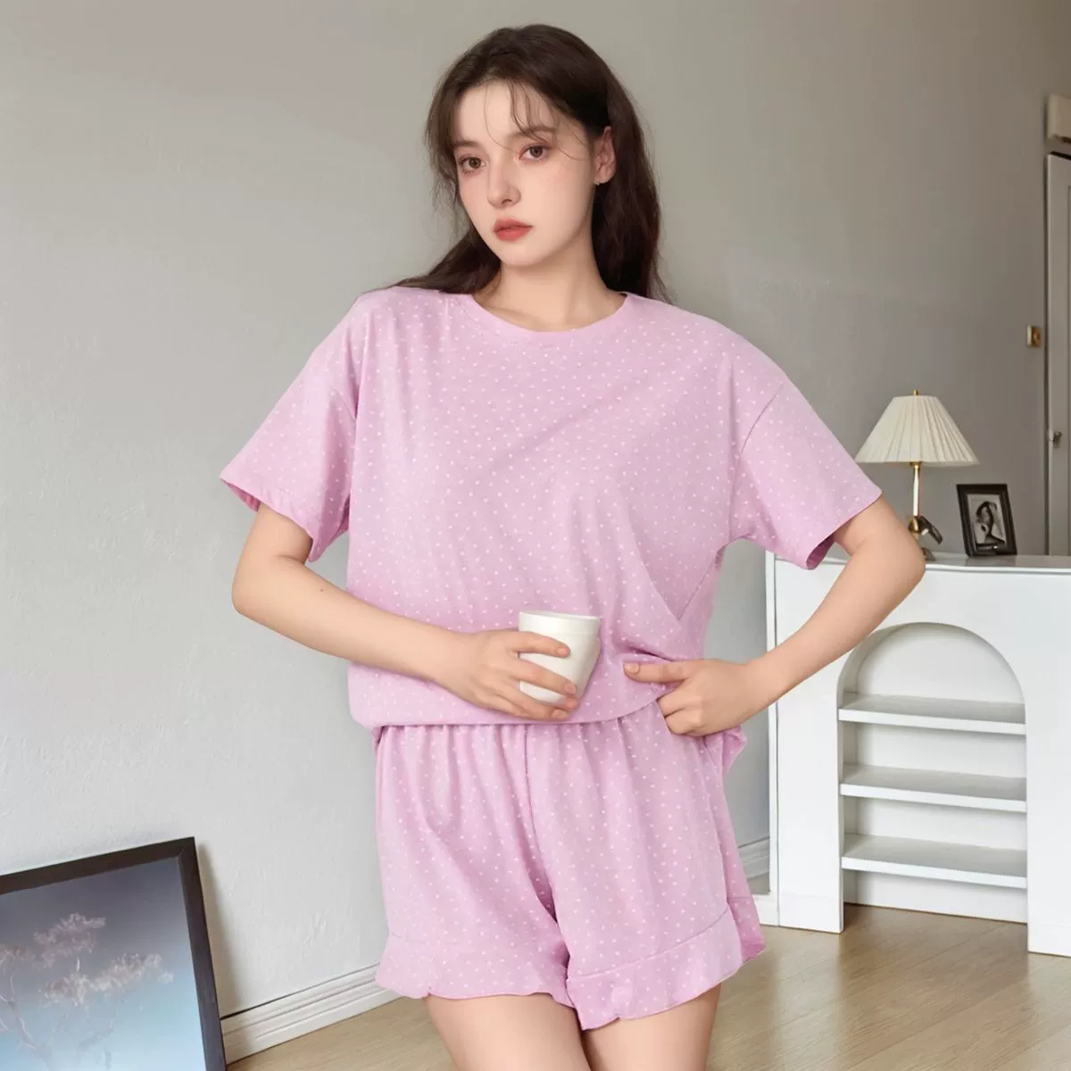 Пижама набор шорты и футболка loungewear, фиолетовая белая фуксия, размеры S–XL