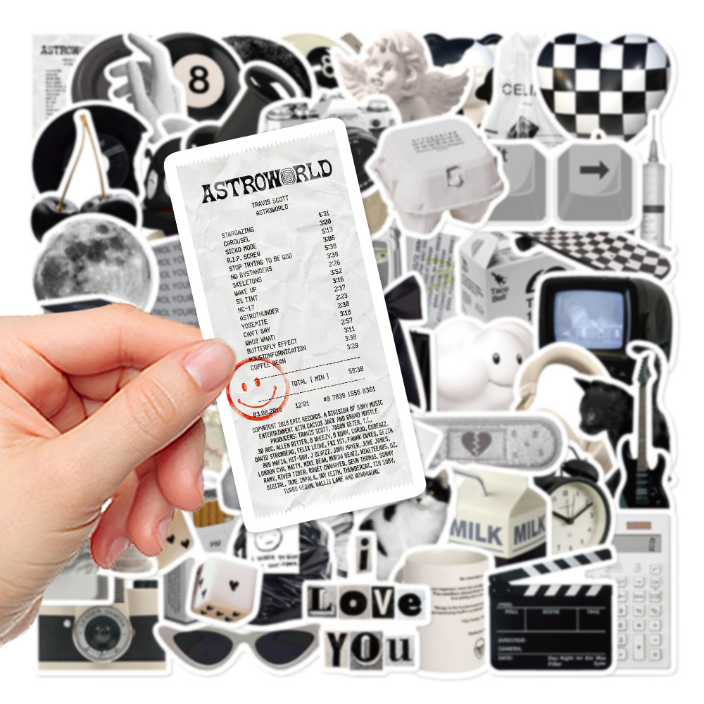 61 blanco y negro simple estilo pegatinas portátil taza de agua mano libro teléfono caso decorativo impermeable DIY pegatinas