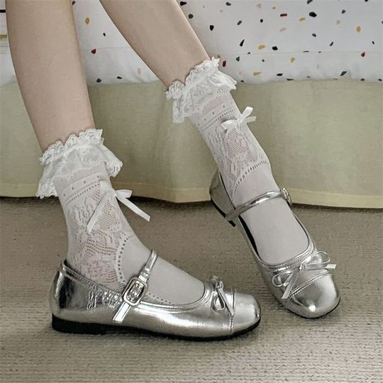 silver Shallow Mouth Ballet Style Flat Shoes Women's 2025 New Spring Dress French Round Toe Mary Jane Shoes