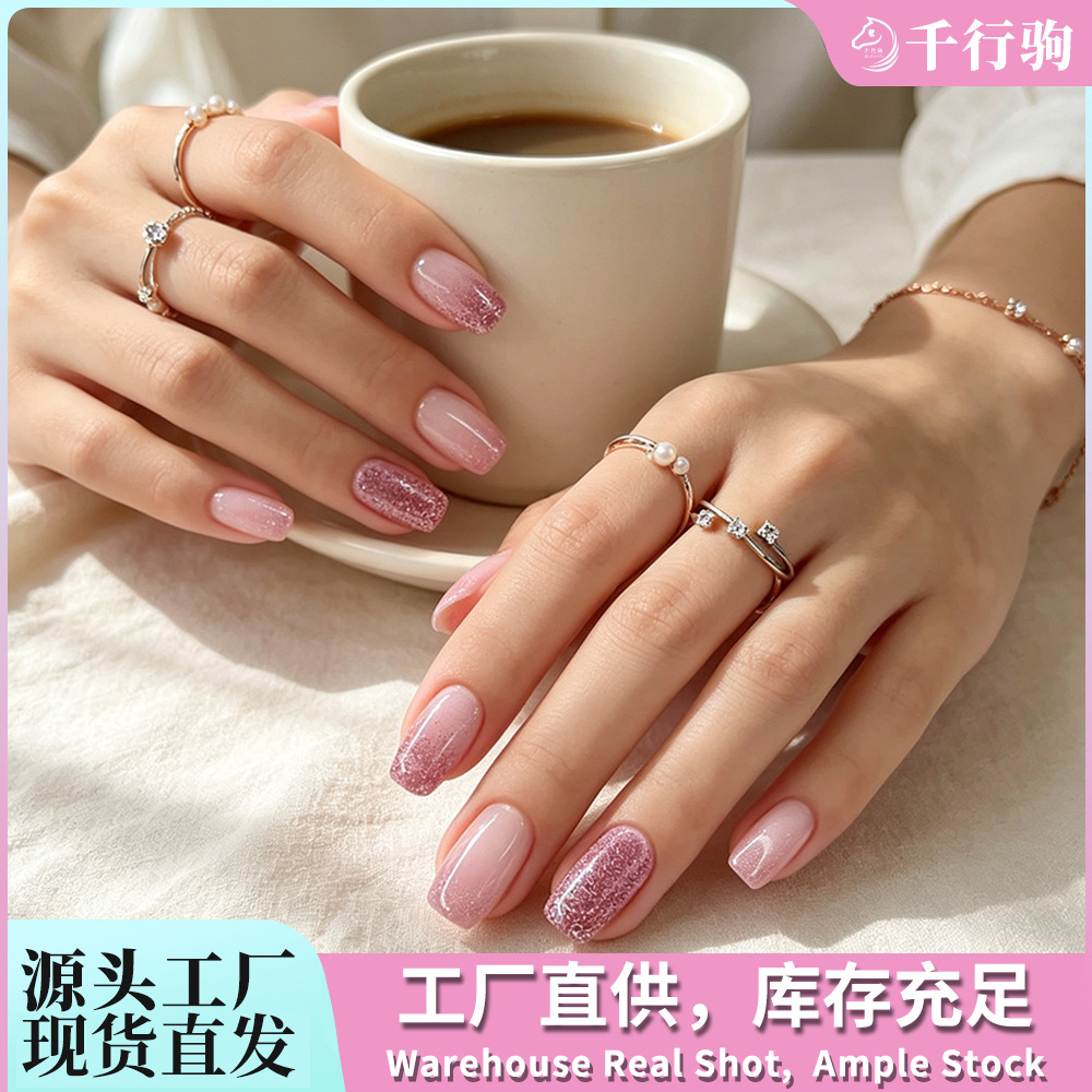 Cross-Border Popular Wearable Nail Patches, Sparkling Pink Gradient European Square Manicure, Sexy Dreamy Fake Nail Patches