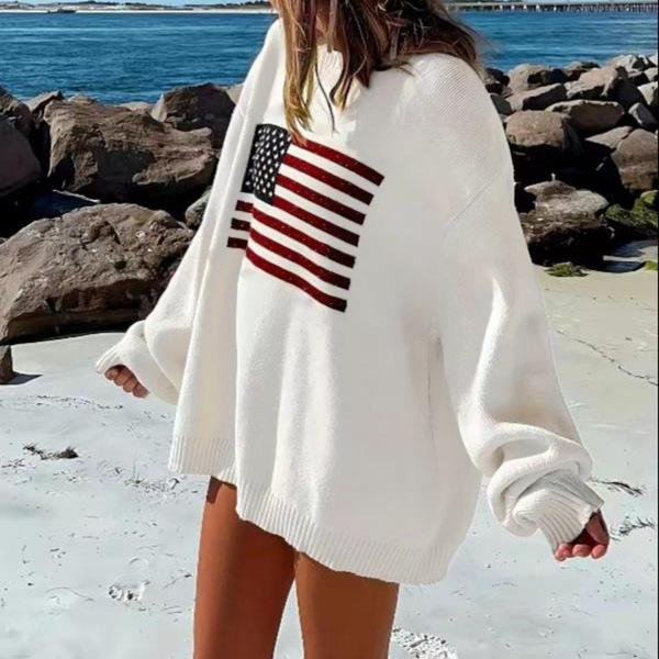 American Style Retro Street Style Star Flag Pattern Loose Crewneck Pullover Knit Sweater Top American Style Retro Street Style Star Flag Pattern Loose Crewneck Pullover Knit Sweater Top