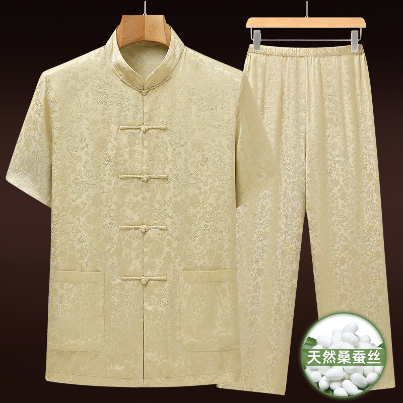 High-end summer silk Tang suit, mulberry silk short-sleeved set, middle-aged casual versatile loungewear, father's short-sleeved men's wear