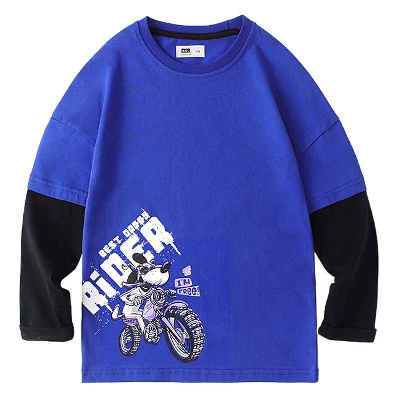 Ropa infantil de primavera, estilo coreano, nueva camiseta de manga larga para niños, top de dibujos animados con efecto de dos piezas y bloques de color para niños mayores, camiseta básica para niños