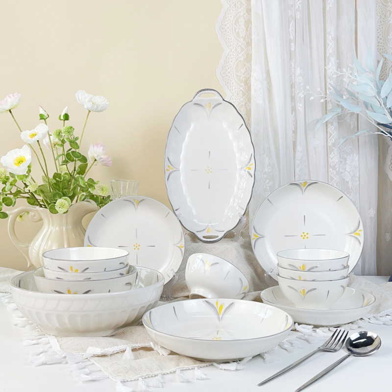 Ink Color Raw Flower Ceramic European Style Modern Simple New Bone China Dishes suit Plate Bowl Tableware Household Housewarming Wholesale