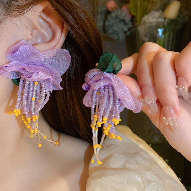 Women'S Gender 1 Pair Elegant Sweet Flower Tassel Mixed Materials Earrings