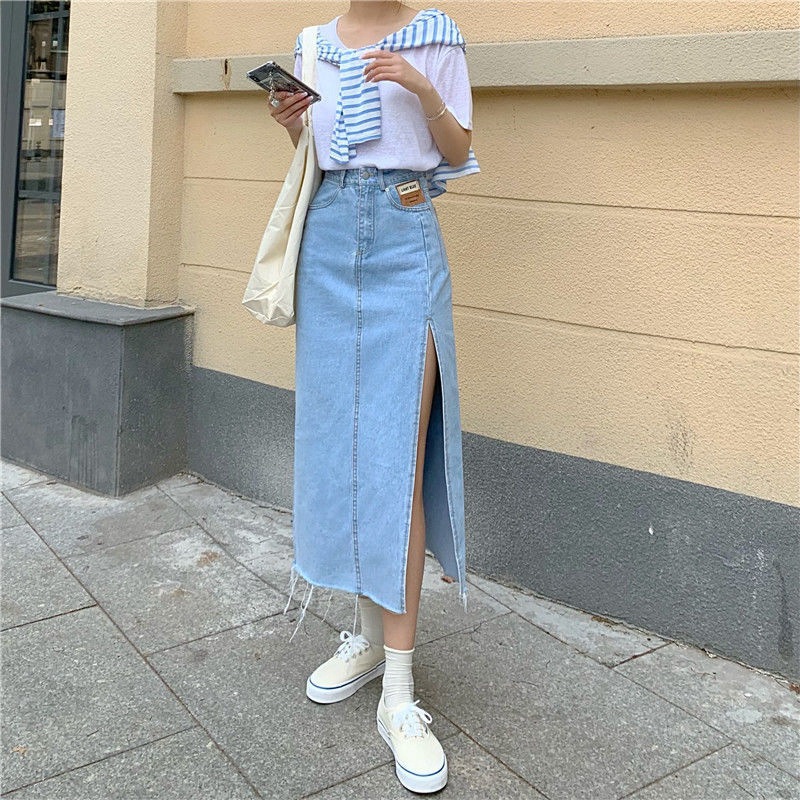 Side Slit Denim Skirt Women's Summer New High Waist Cyber Popular Slim A- Line Hot Girl Hip Mid-Length Skirt ins Trendy