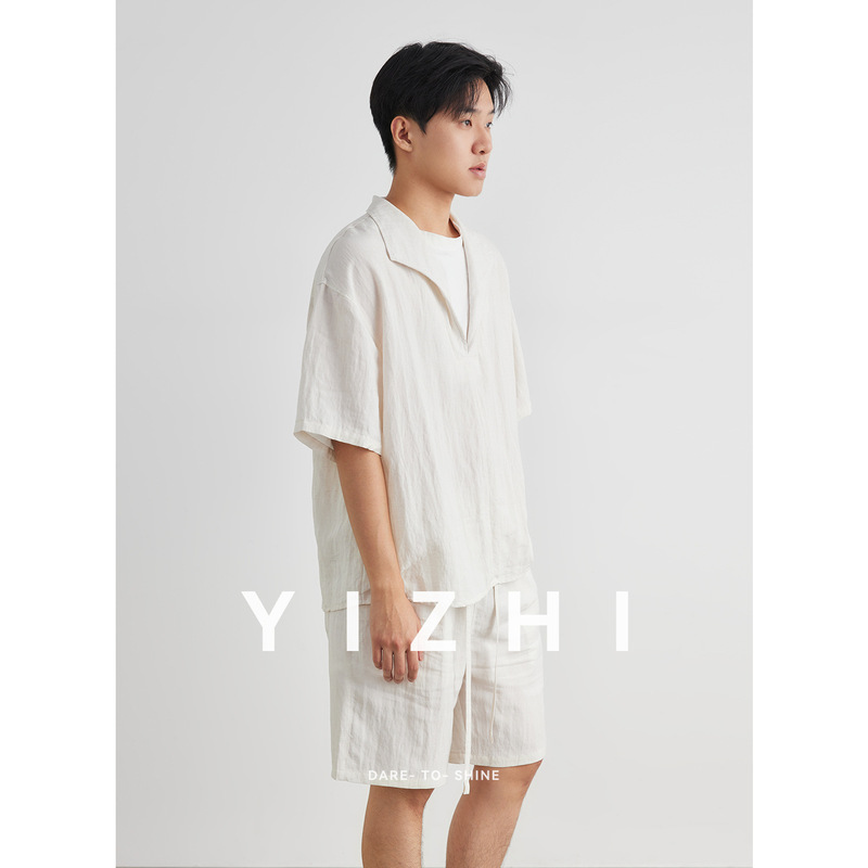 Old Money Style Lyocell Tencel Short-Sleeve + Shorts Faux Two-Piece Set Men's Summer Lightweight Quick-Dry Shirt and Pants